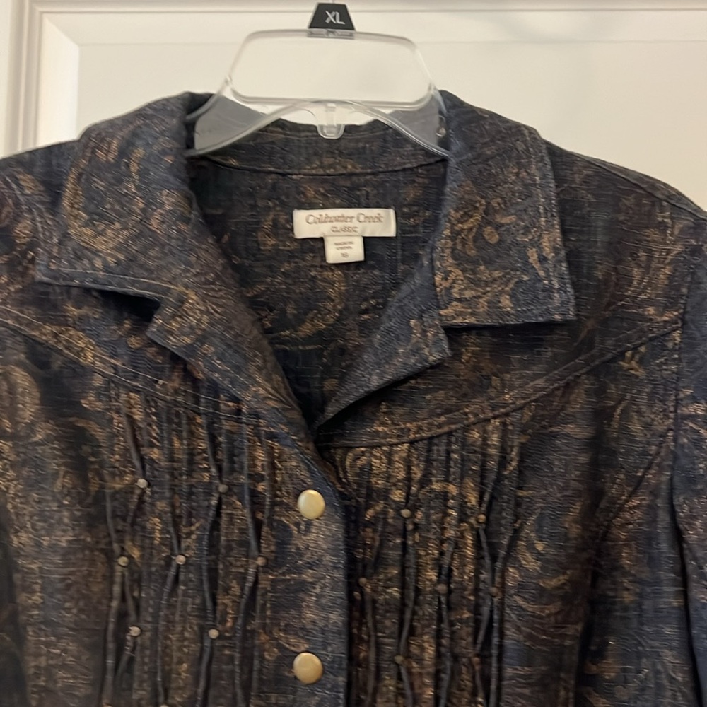 Coldwater Creek Jean denim jacket dark wash metallic print studded casual SZ 16 - Picture 14 of 16
